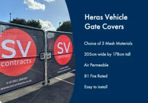 Heras Vehicle Gate Covers with SV Contracts branding, 205cm x 178cm, showing fire-rated mesh material and specs.