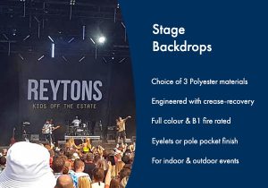 Zoomed in image of the stage backdrop produced for The Reytons