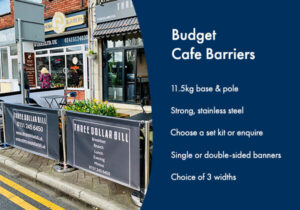 Image of budget cafe barriers and a list of key benefits