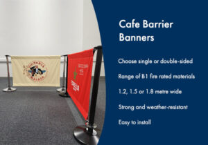 Image of cafe barrier banners for Estrella Damm and a list of key benefits