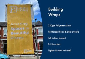 Front view of printed building wrap in use at a Haus property