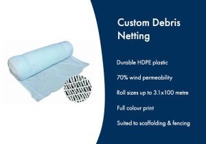 Image of rolled up debris netting with a closeup of how the fabric is formed together