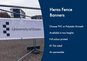 Heras Fence Banner attached to a Heras Fence for the University of Essex