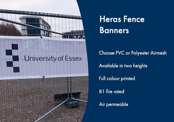 Heras Fence Banner attached to a Heras Fence for the University of Essex