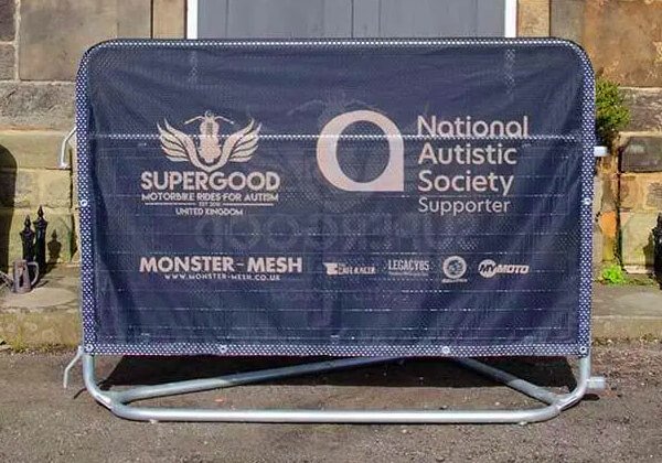 Met police barrier cover for Supergood with logo and sponsors printed on