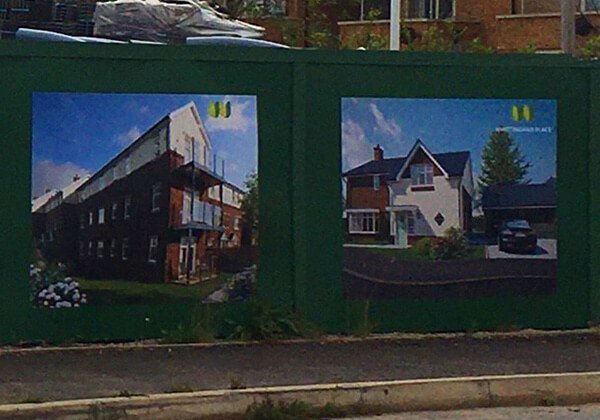 Closeup of the right hand side of Whittingham Place PVC Foam Hoardings
