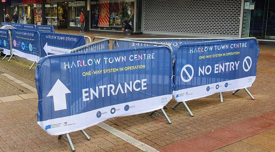 Premium crowd barrier covers in use to manage crowds in Harlow Town Centre