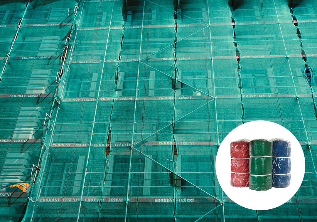 Scaffolding debris netting on display at a building site plus an icon showing green, red, blue and black debris netting