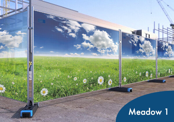 Pre-designed Heras fence covers with meadow and sky design