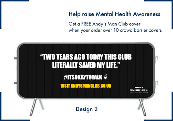 Image of mockup of Andys Man Club crowd barrier cover for event and construction brands