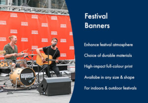 Image of festival banners and a list of key benefits