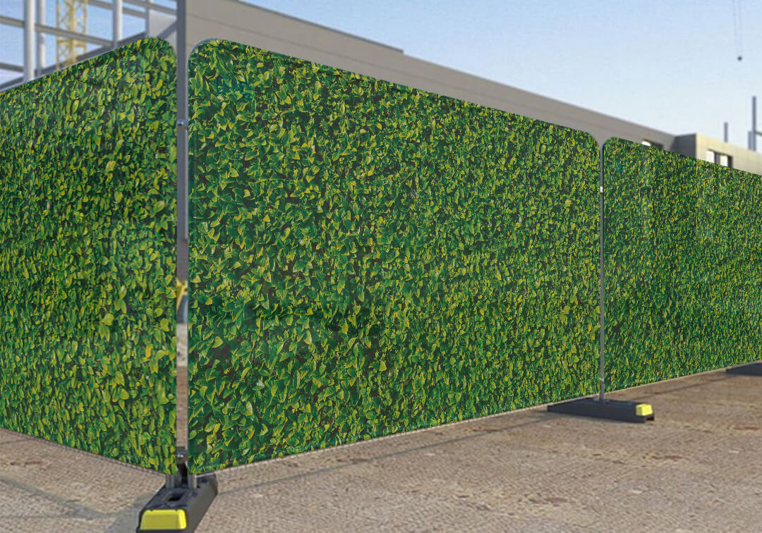 Mockup of double-sided Heras fence covers with a hedge design