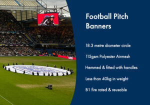 Image of centre cirle football pitch banner with list of benefits
