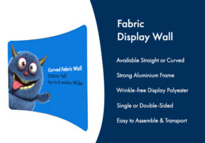 Image of fabric display wall with list of key benefits