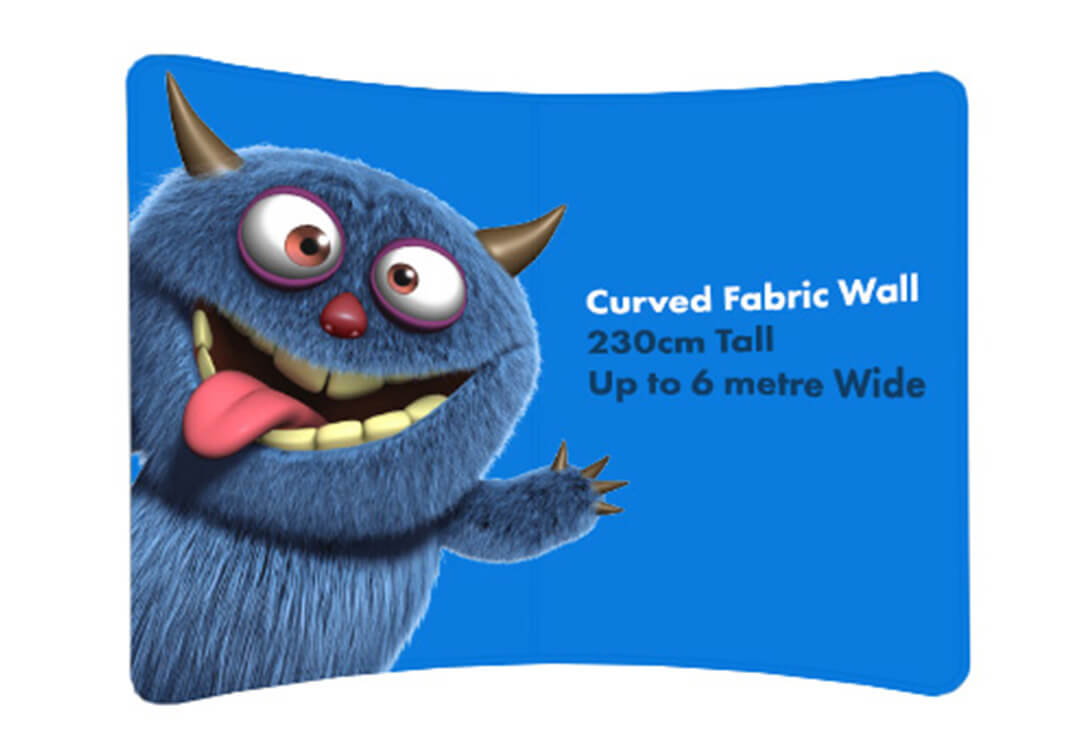 Mockup of curved fabric wall with Monster Mesh branding