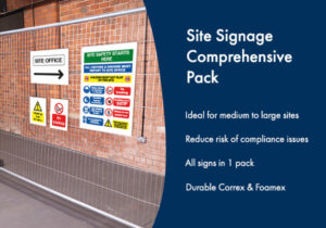 Mockup of comprehensive site safey signs on a Heras fence with a list of key benefits