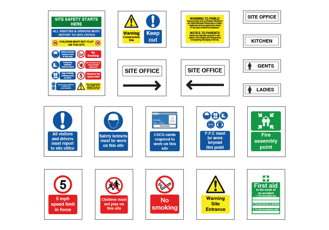 construction-site-signage-comprehensive-pack-category-tile Diagram showing site safety signs include in comprehensive pack