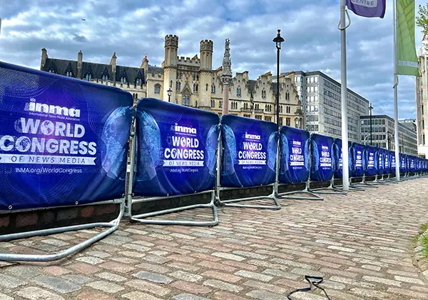 Crowd Barrier Covers with World Congress of News Media branding