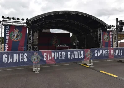 Crowd barrier scrim with Sapper Games branding