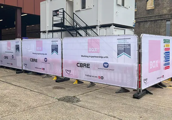 Heras fence covers with Box 3 construction branding