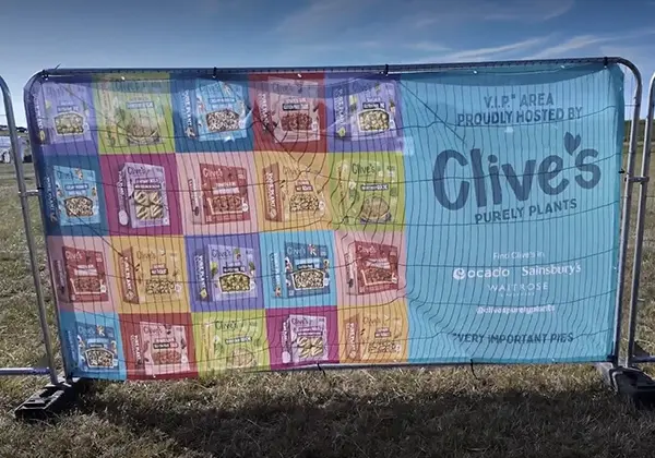 Heras fence cover with Clive's Purely Plants branding