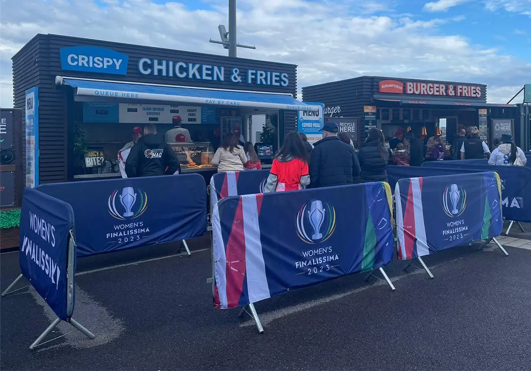 Barrier covers branded for Womens Finalissima stadium branding at Wembley
