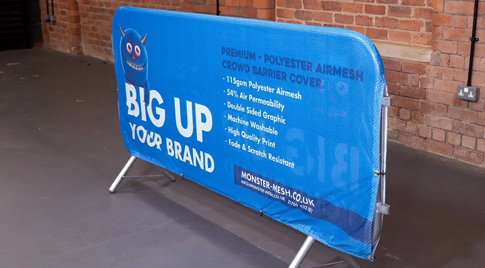 Best Crowd Barrier Covers for Your Budget 2 A Premium polyester airmesh crowd barrier cover with a sleek, "sock-style" fit and stitched rounded corners that perfectly contour to the metal frame.