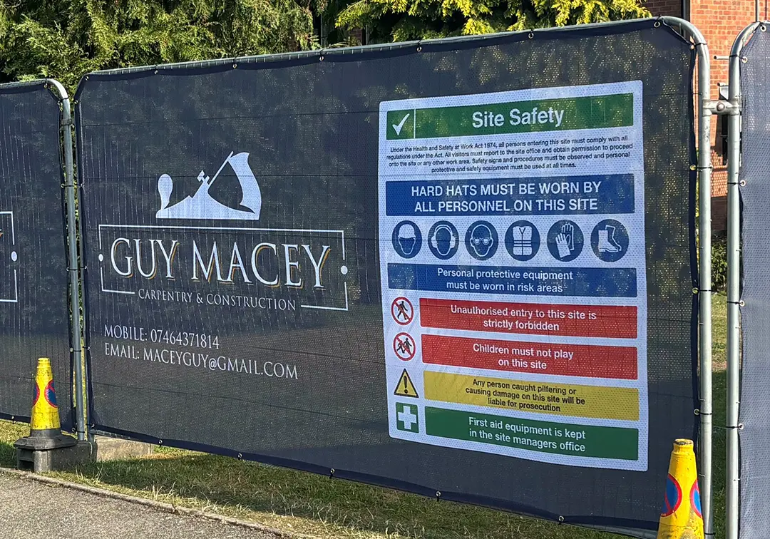 site-safety-heras-fence-covers-category-tile Site Safety Heras Fence Cover with Guy Macey logo, contact details and health& safety messaging