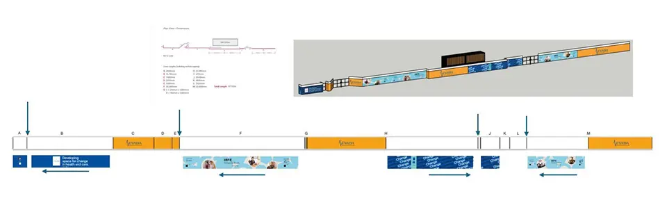 Full Service Hoarding Signage for Nevada Construction 3 Digital design mockup showing the full linear layout and a 3D perspective view of the branded hoarding panels for the Nevada Construction site.