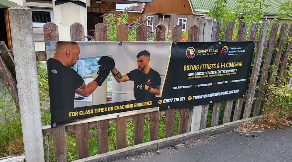 custom-banners-tommy-frank-boxing-academy-4 PVC banner for Tommy Frank Boxing Academy fixed to the fence outside Frecheville Methodist Church