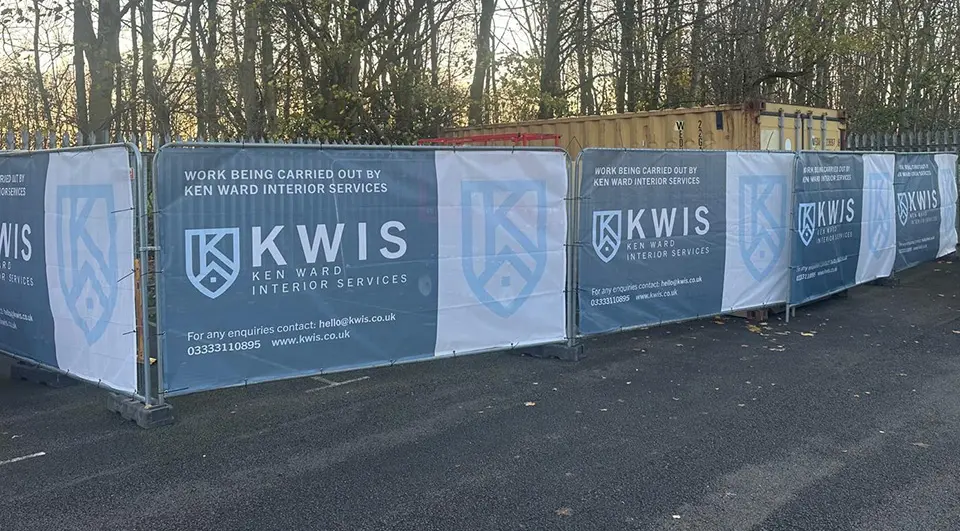 Best Heras Fence Covers for Site Security 4 PVC Mesh Heras fence covers with Ken Ward Interior Services branding around a site compound.
